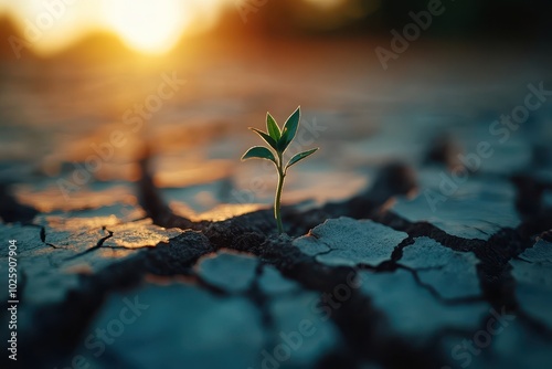 New Life Growing From Cracked Earth At Sunset - Hope, Resilience, And Nature's Strength