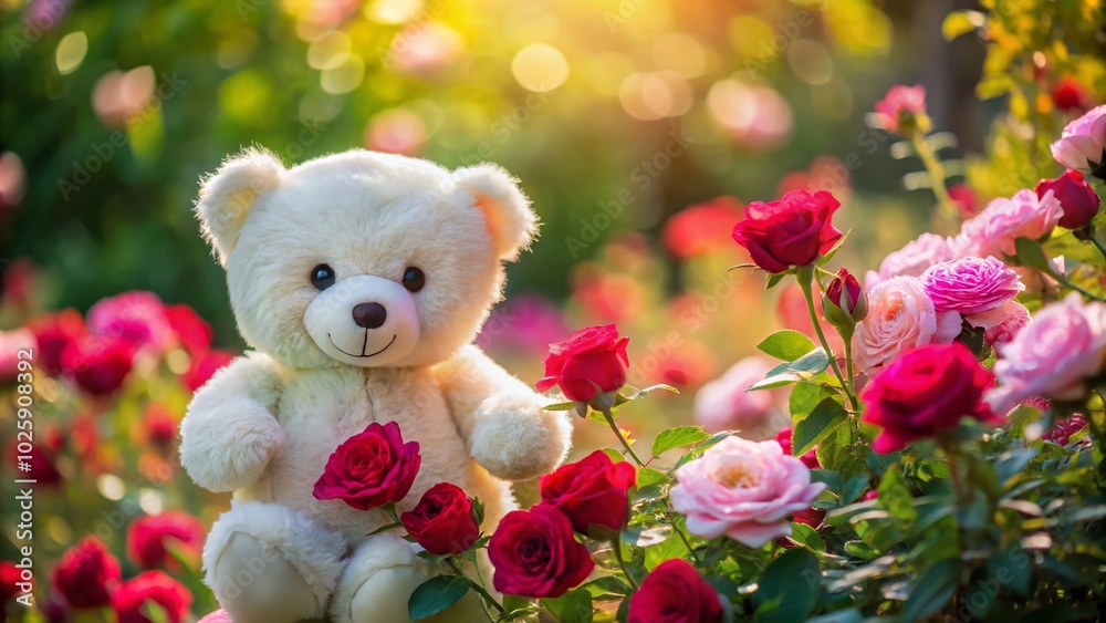Fototapeta premium Adorable White Teddy Bear Surrounded by Beautiful Roses for Romantic Decor