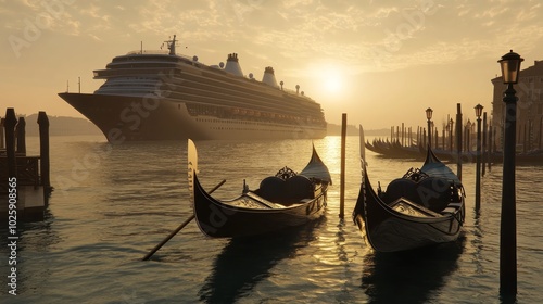 Two gondolas tied to a dock with a cruise ship in the background,  on the water in the early morning sunrise.