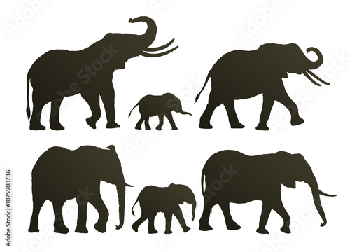 Set silhouettes of large and small Elephants.