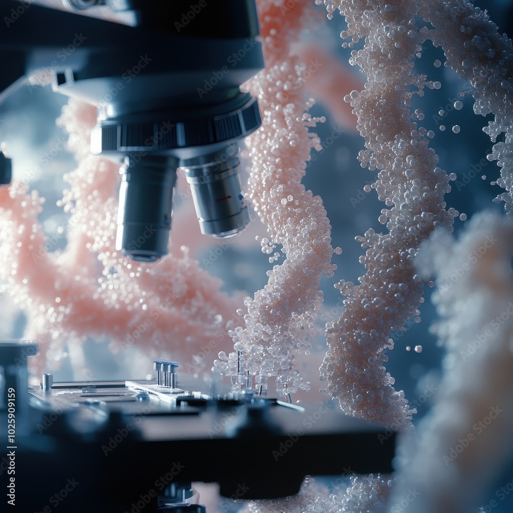 Fototapeta premium Closeup of a Microscope Lens Focused on a Cluster of White and Pink Spheres, Representing Scientific Research and Discovery.