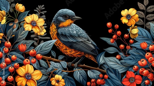 Elegant colored bird with plants and flowers on a black background. vector illustration photo