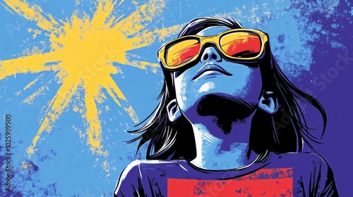 A graphic illustration of a child gazing upwards wearing orange-tinted sunglasses. The background features an explosive burst of white and blue rays, suggesting brightness or inspiration.