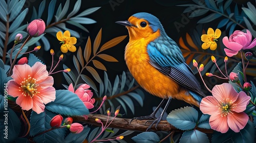 Elegant colored bird with plants and flowers on a black background. vector illustration photo