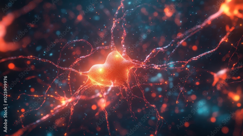 3D Render of a Glowing Red Neuron Cell with Abstract Bokeh Background. 3D Render of a Glowing Red Neuron Cell with Abstract Bokeh Background.