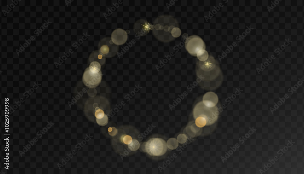 Obraz premium Creative vector illustration of bright light sources isolated on horizontal transparent background.Gold glowing burst explosion.Light effect with glitter particles.Abstract shine blur bokeh effect.