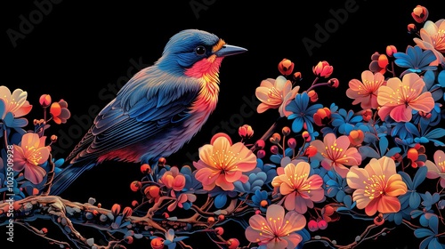 Elegant colored bird with plants and flowers on a black background. vector illustration photo