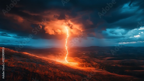 A powerful lightning bolt striking the ground in a hilly landscape, with the clouds above glowing brightly. The hills are sharply defined by the intense light,