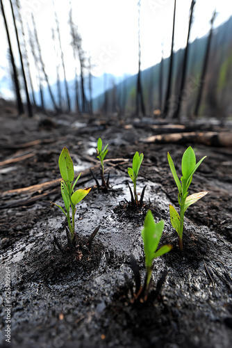 New plants emerging from charred soil photo