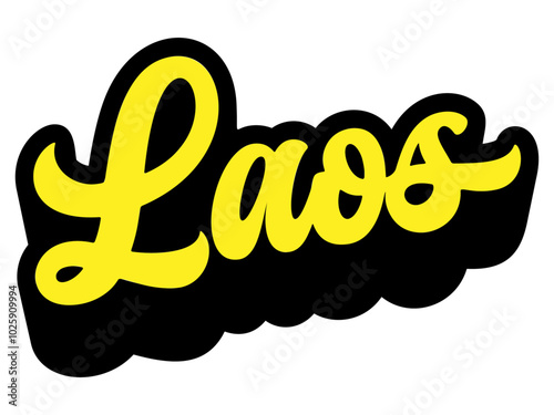 Laos country name written in retro groovy three-dimensional script lettering