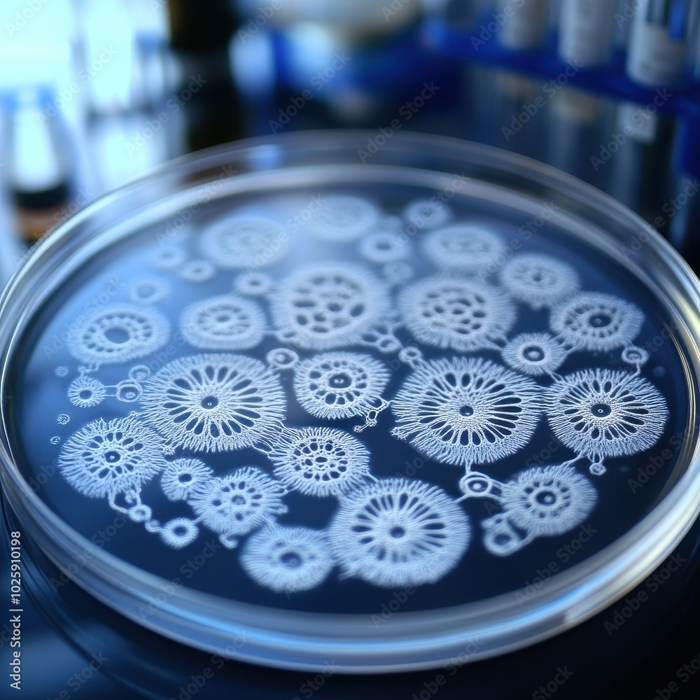 Petri Dish with White Bacterial Colonies on Blue Agar - Microbiology ...