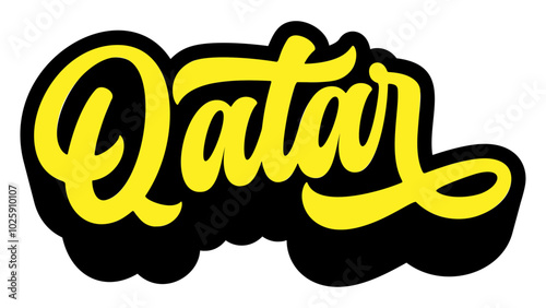 Qatar country name written in retro groovy three-dimensional script lettering