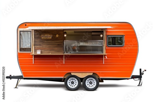 Food truck with open window on white background