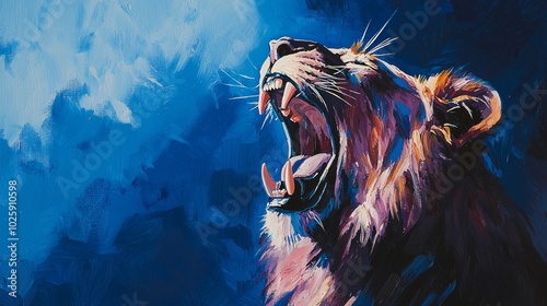 The lion is painted in Abstract Expressionism with powerful brushstrokes and emotional colors.