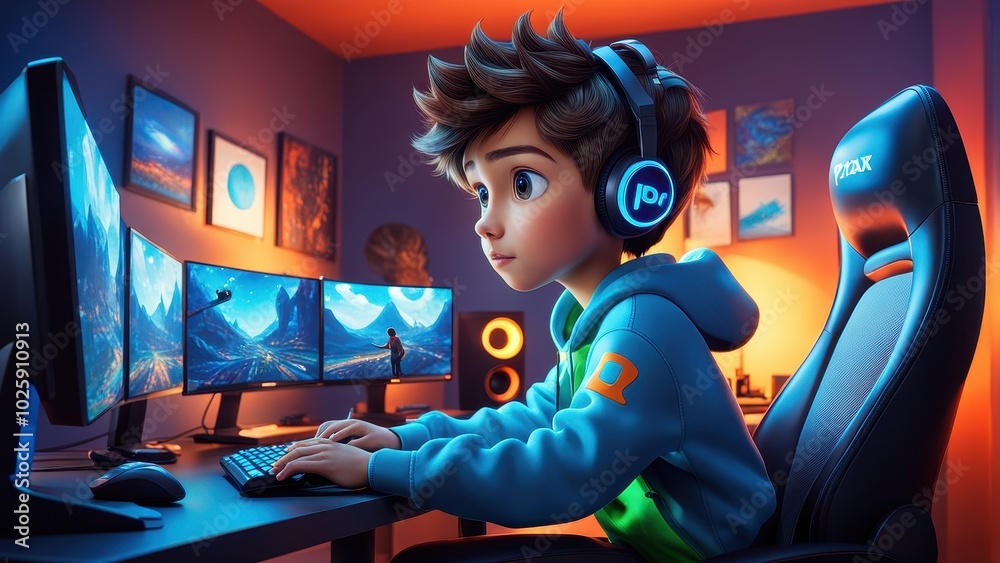 A young gamer immersed in a vibrant gaming setup with multiple monitors. A young gamer immersed in a vibrant gaming setup with multiple monitors.