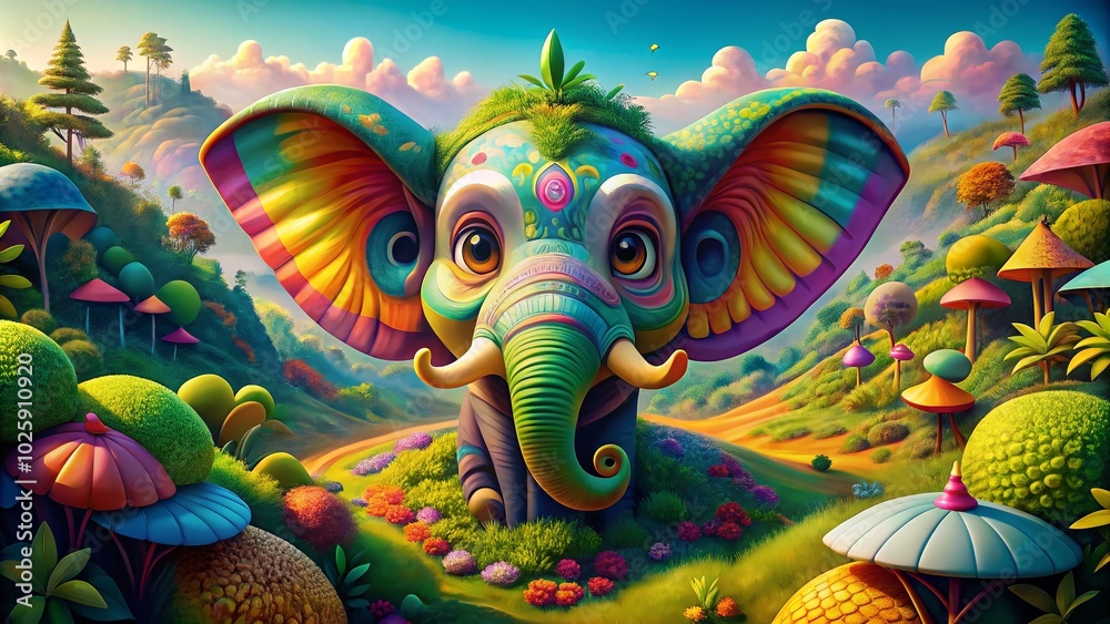 Aerial View of a Playful Elephant Cartoon Head in a Colorful Landscape for Kids' Designs
