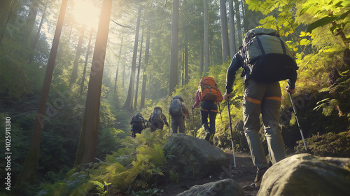 A team hiking through a forest trail, wearing casual gear, helping each other climb rocks, with tall trees and sunlight filtering through the canopy