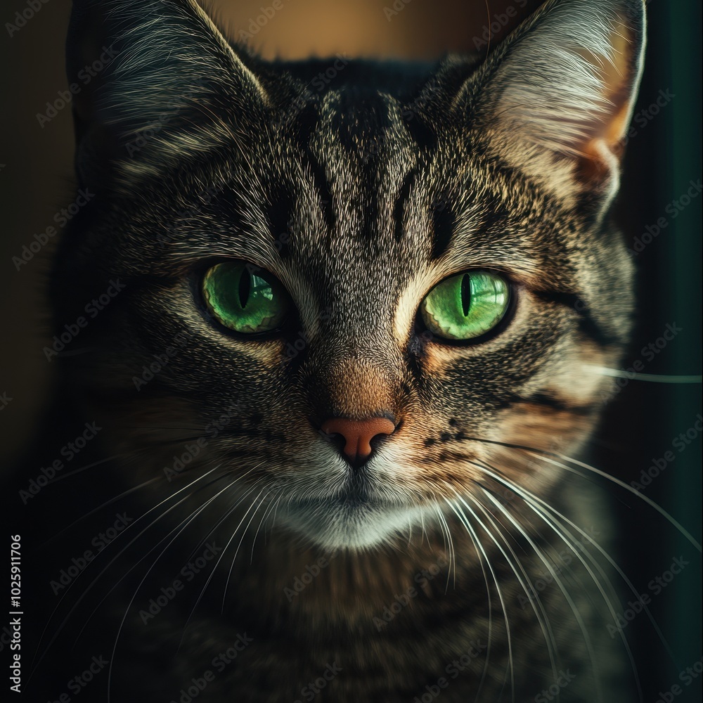 Closeup Portrait of a Tabby Cat with Striking Green Eyes. Closeup Portrait of a Tabby Cat with Striking Green Eyes.