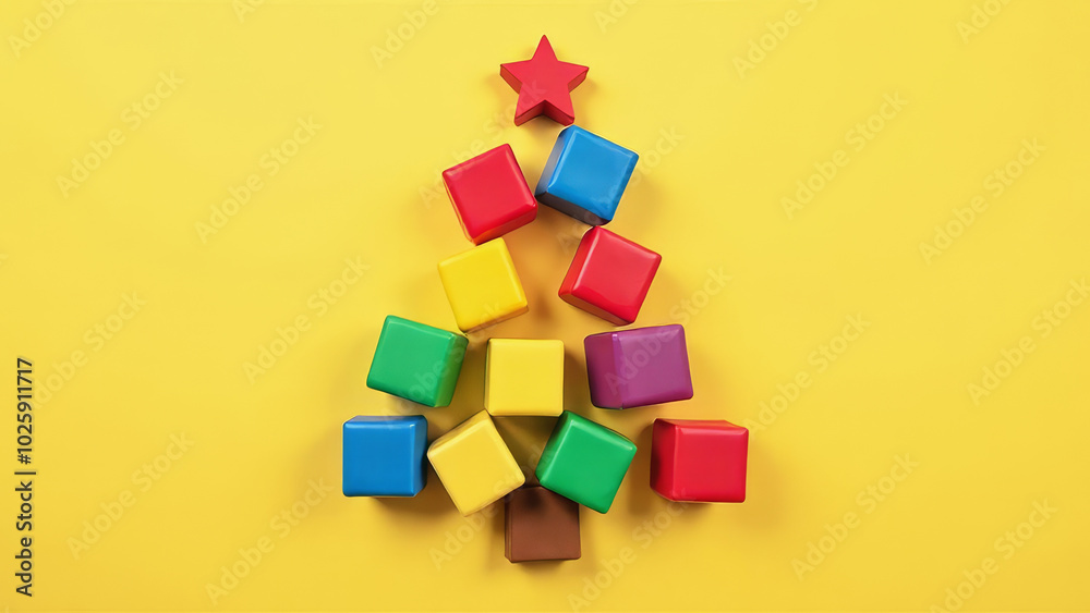 Obraz premium Christmas tree made of colored wooden cubes for children's development on a yellow background. Christmas and New Year concept.