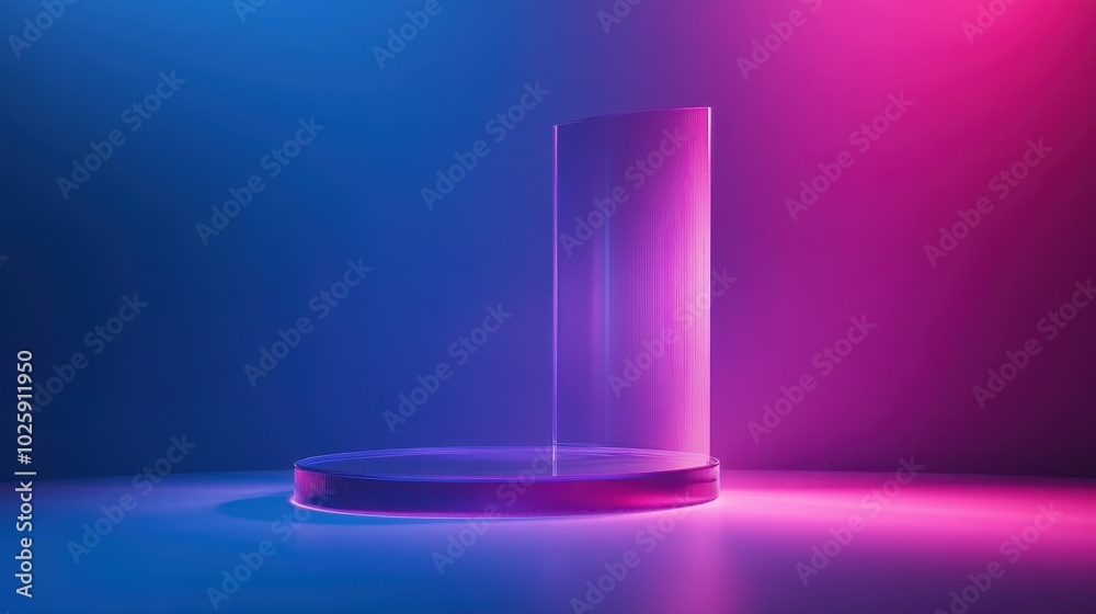 Glass Cylinder Display Platform with Blue and Pink Neon Lighting. Glass Cylinder Display Platform with Blue and Pink Neon Lighting.