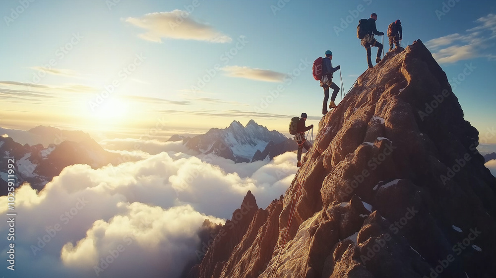 A group of scaling a steep mountain ridge, with harnesses and ropes, high above the clouds, capturing a sense of adventure and challenge