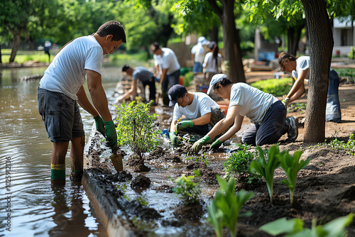 Volunteers planting trees in a flooded area.