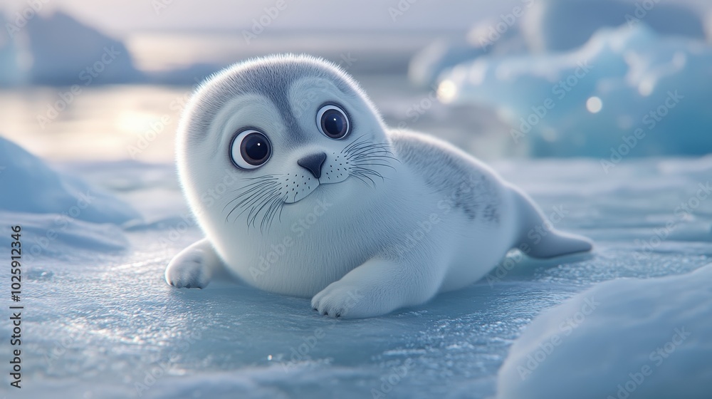 Adorable Baby Seal Pup on Ice Floe in Arctic Landscape - 3D Render Adorable Baby Seal Pup on Ice Floe in Arctic Landscape - 3D Render