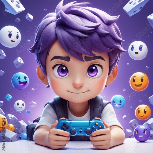 A young boy with purple hair plays video games, surrounded by cheerful emojis and cubes. photo