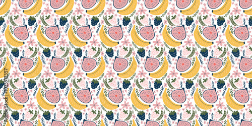 Cheerful seamless pattern with illustrations of bananas, figs, blackberries, white strawberries, pink flowers, and green leaves. Modern, organic vector style with flat colors and a playful, childlike