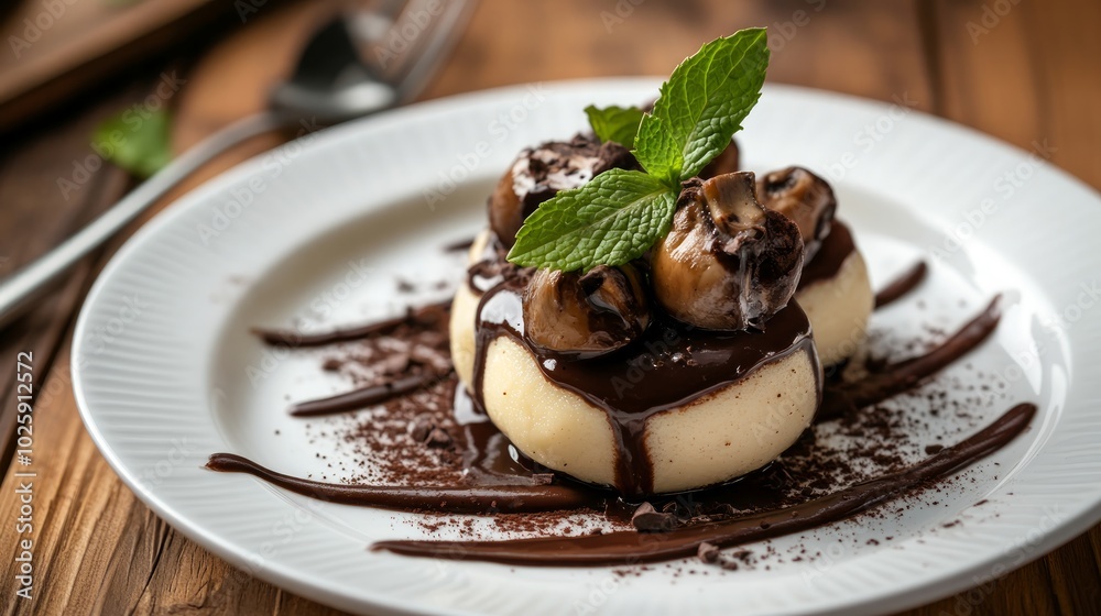 Two white dessert balls topped with chocolate sauce, chocolate shavings, and a sprig of mint. Two white dessert balls topped with chocolate sauce, chocolate shavings, and a sprig of mint.