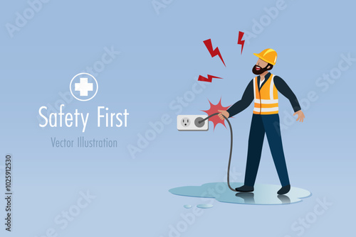 Electric shock at construction site. Worker touch electronic plug on wet floor causes electric shock accident. Safety first, carelessly and accident caution at construction site. Vector.