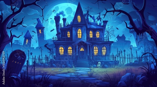 Haunted House with a Full Moon in a Dark Forest photo