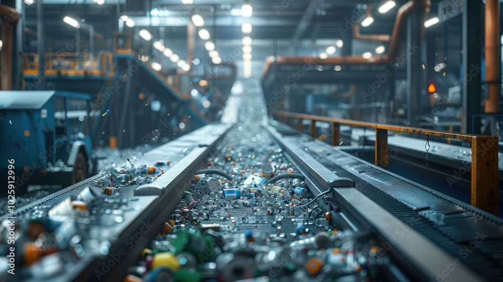 Conveyor belts transporting recyclables in an automated recycling center, highlighted by industrial lighting and a high-tech atmosphere. Conveyor belts transporting recyclables in an automated recycling center, highlighted by industrial lighting and a high-tech atmosphere.