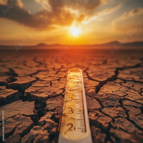 Thermometer in Cracked Dry Earth at Sunset, Climate Change Symbol, Drought Concept