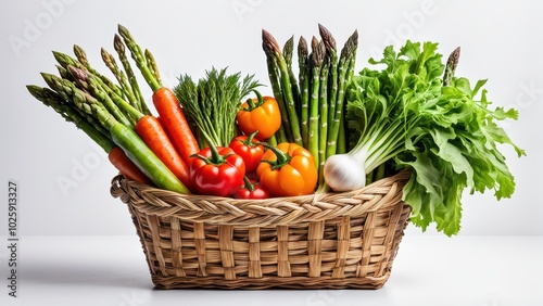 A woven basket filled with fresh vegetables, showcasing vibrant colors and healthy options.