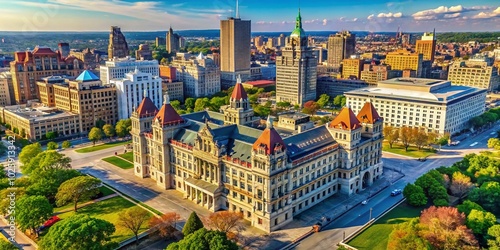 Aerial View of New York State Education Building with Urban Landscape and Clear Skies