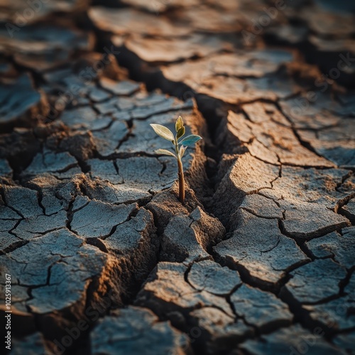 Tiny Green Plant Sprouting Through Cracked Dry Earth - Symbol of Resilience and Hope.
