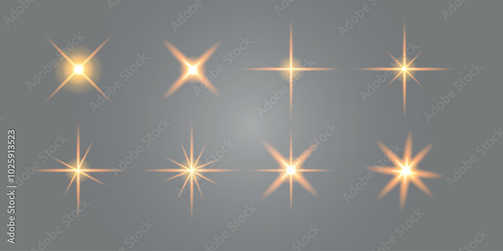 Set of lighting yellow star, glare, sparkle, sun flare. Vector illustration Set of lighting yellow star, glare, sparkle, sun flare. Vector illustration