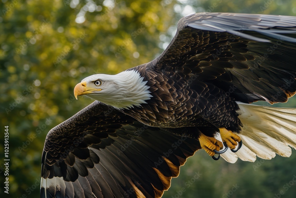 Fototapeta premium Majestic Bald Eagle in Flight with Spread Wings against a Green Bokeh Background.