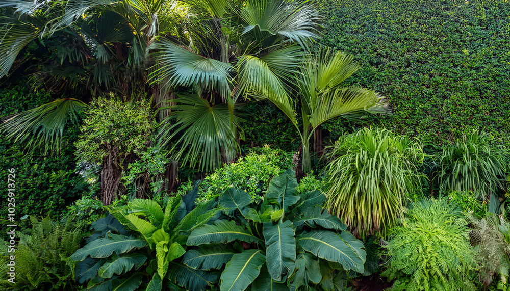 Obraz premium Green garden walls from tropical plants, best for web summer background.