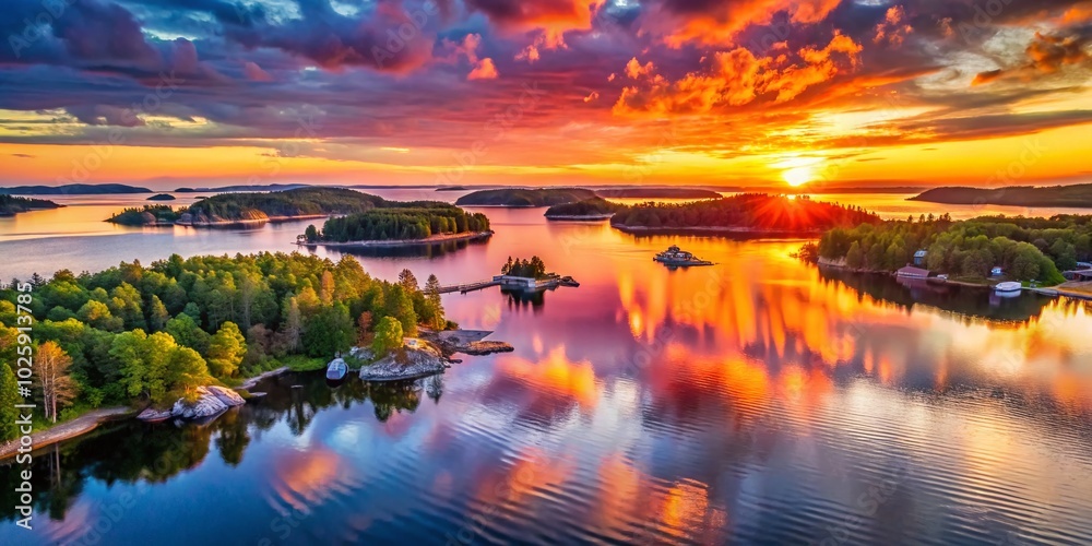 Aerial View of Stockholm Archipelago at Sunset - Tranquil Waters and Fiery Sky Reflection Aerial View of Stockholm Archipelago at Sunset - Tranquil Waters and Fiery Sky Reflection