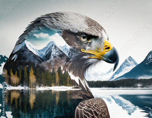 Majestic eagle with mountains and forests reflected in its profile at a tranquil lake setting photo