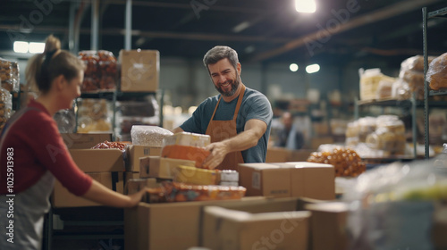 food sorting and packing boxes of food for donation, working together in a warehouse filled with supplies and smiling as they help others