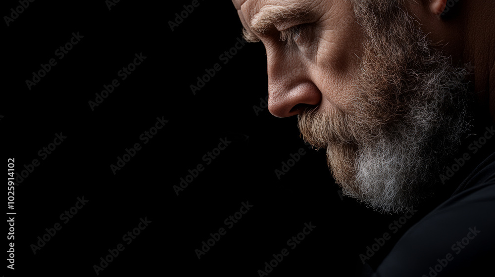 The Weight of the World:  A close-up portrait of a mature man, captured in a moment of profound contemplation. His face is etched with lines of experience and wisdom.