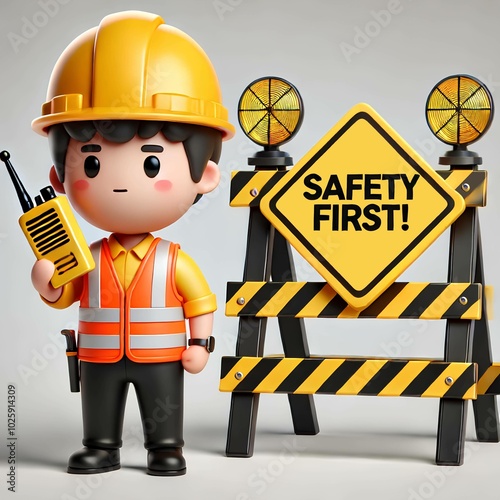 A 3D cartoon construction worker wearing a yellow hard hat and safety vest holds a radio beside a "Safety First!" sign.