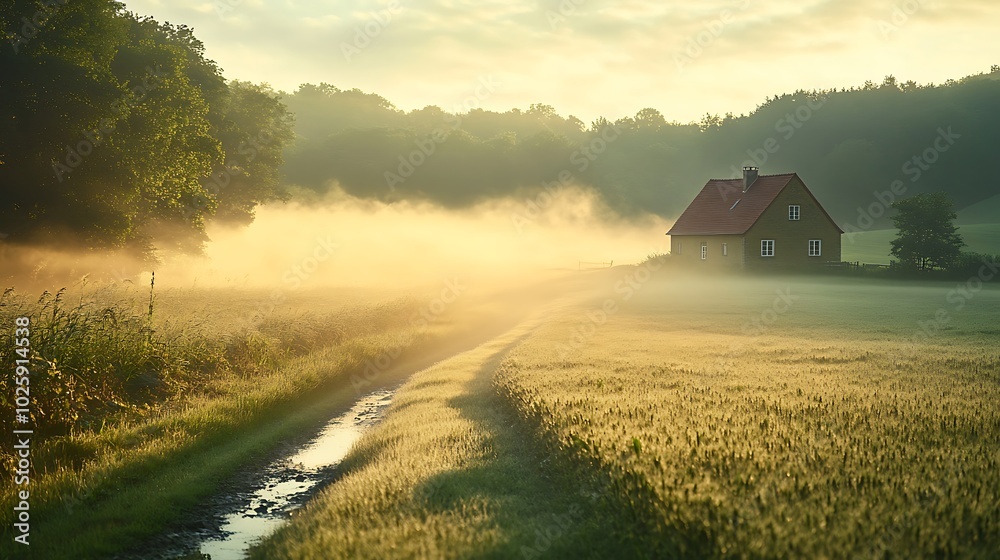 Fototapeta premium A serene morning scene in a foggy countryside, mist clinging to the wet ground and rolling over a small farmhouse in the distance. The sunlight starts to filter through the fog,