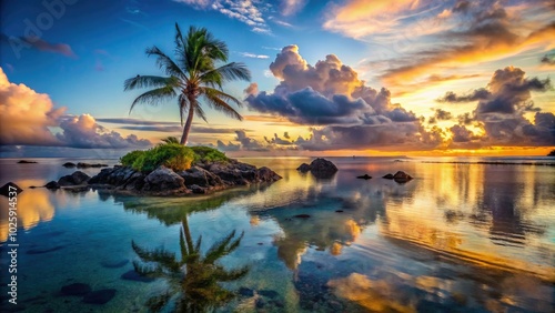 A breathtaking view from Motu Taakoka, featuring vibrant lagoon waters, swaying palm trees, and the majestic Moto Koromiri rising in the background. Nature's paradise awaits.