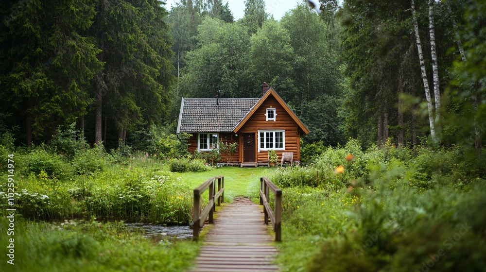 A charming wooden cabin nestled in a lush, green forest, connected by a wooden bridge, creating a serene retreat in nature. A charming wooden cabin nestled in a lush, green forest, connected by a wooden bridge, creating a serene retreat in nature.