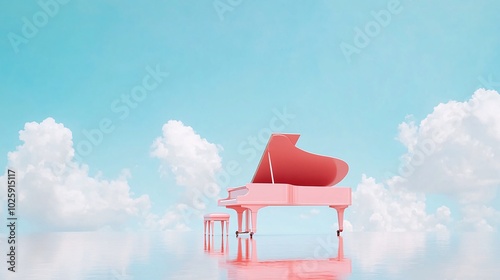 A whimsical pink piano floats above clouds in a bright blue sky, creating a serene and imaginative atmosphere. photo