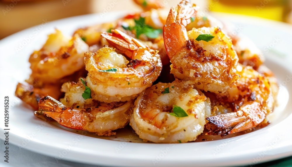 A close-up of a plate of cooked shrimp garnished with herbs, showcasing a delicious seafood dish. A close-up of a plate of cooked shrimp garnished with herbs, showcasing a delicious seafood dish.